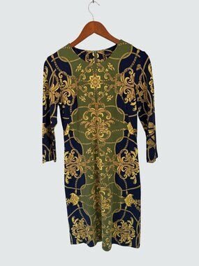 J.McLaughlin Catalina Cloth sheath dress Green & Navy Baroque Print Dress Small